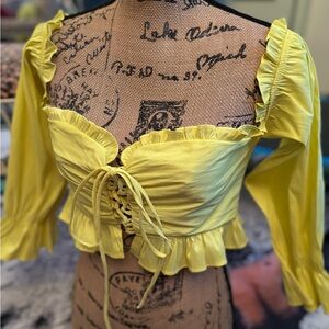Hot & Delicious Yellow Ruffle Lace-Up Long Sleeve Crop Top